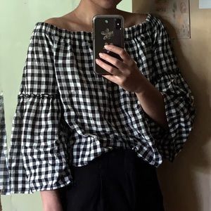 Black Gingham Top with Bell Sleeves